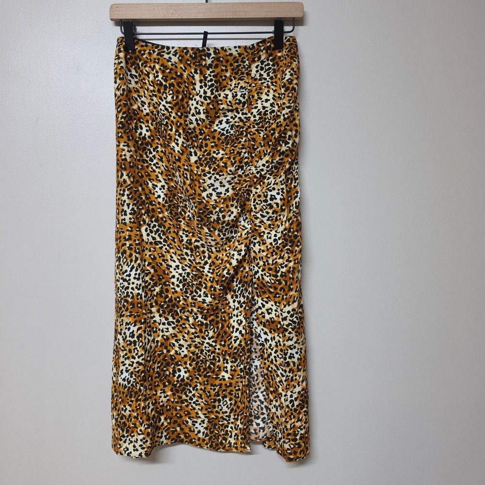 Maje Leopard Print Midi Skirt Ruched Side Slit Viscose Brown Black 36 MFPJU00984